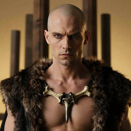 Intense Bald Man with Fur and Metal Bone Necklace