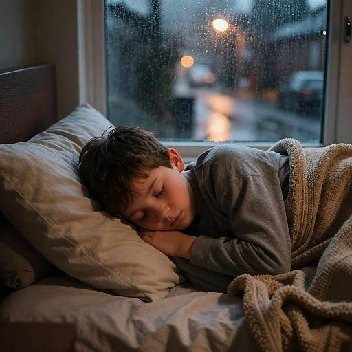 Cozy Boy Sleeping on Rainy Night