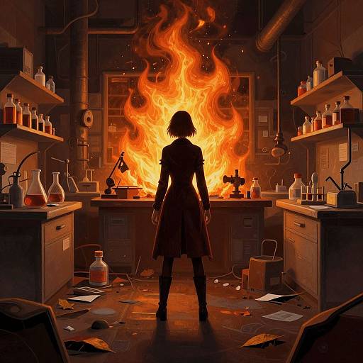 Digital illustration of a silhouetted woman standing before a roaring, orange-yellow fire in a cluttered, dimly-lit laboratory. Shelves