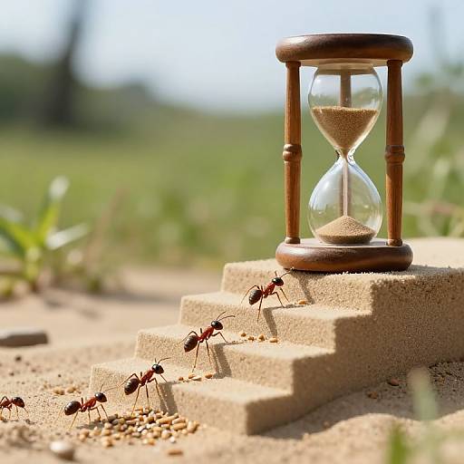 Photograph of a wooden hourglass on sand steps, with several ants carrying grains of sand up the steps in sunlight.