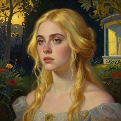 Digital painting of a fair-skinned, blonde-haired young woman with blue eyes, wearing a white off-shoulder dress, in a moonlit garden