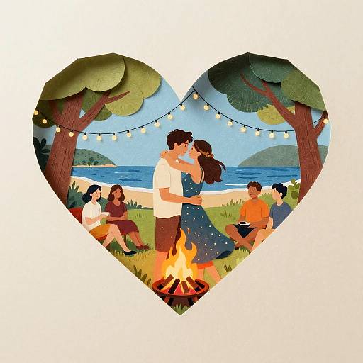 Illustrated heart-shaped scene of a couple kissing by a campfire, surrounded by string lights, trees, and beachgoers, against a seascape