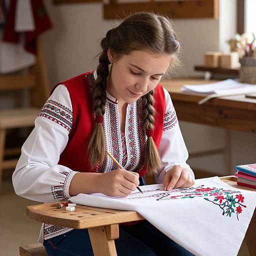 Photograph of a young woman with braided brown hair, wearing a red vest over a white embroidered blouse, sitting at a wooden table, meticulously drawing