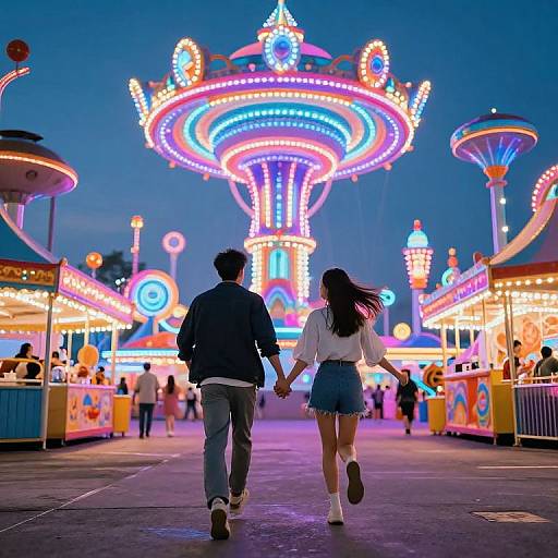 Photograph of a couple holding hands, walking past a brightly lit, colorful carnival midway with a large, neon-lit carousel in the background at twilight