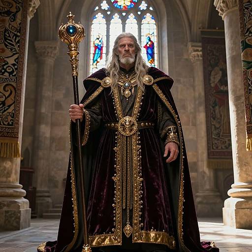 Photograph of an elderly white man with long gray beard, wearing an ornate black and gold regal robe, holding a jeweled staff, standing