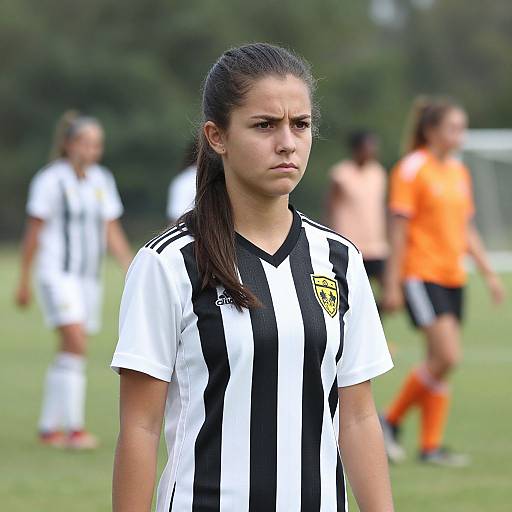 Photograph of focused young woman with dark hair in black-and-white striped soccer jersey, standing on grass field, blurred teammates in background.