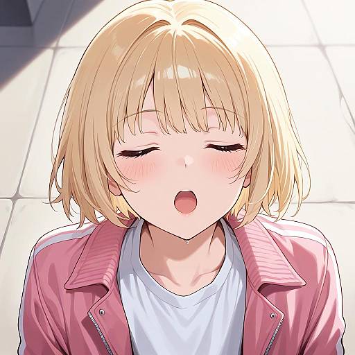 Anime Blonde Girl in Pink Jacket with Closed Eyes