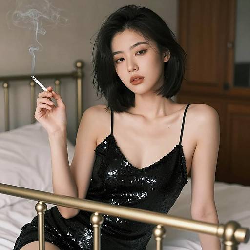 Mysterious Woman on Bed with Cigarette