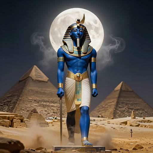 Photograph of a blue-skinned, muscular Anubis statue with a large, glowing moon behind, standing between two pyramids in a desert,