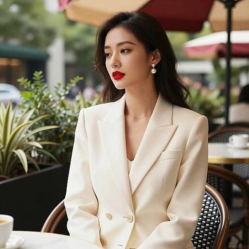 Elegant woman in cream blazer at outdoor café