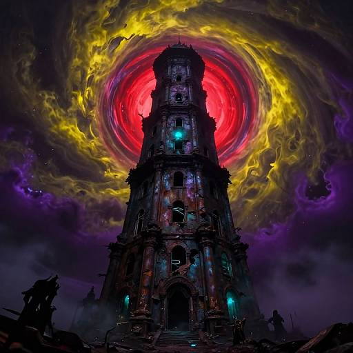 Digital art of a dark, towering cathedral with neon blue and green lights, set against a swirling, fiery red and yellow sky.