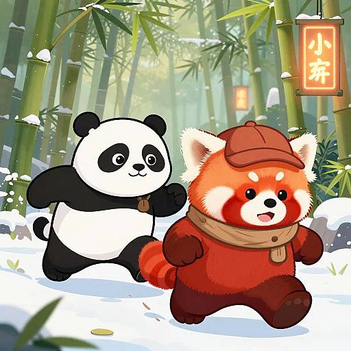 Cartoon pandas: One black-and-white panda, one red panda in a brown hat and scarf, run through a snowy bamboo forest with lanterns.