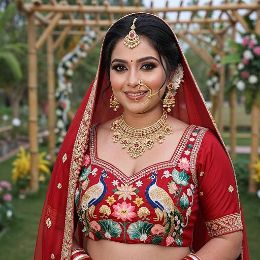 Photograph of a smiling South Asian bride in a red embroidered crop top and veil, adorned with gold jewelry, standing outdoors by a wooden pergola.