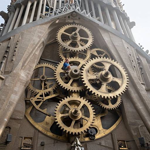 Photograph of a giant, intricate, gold mechanical clock with interlocking gears on a Gothic-style stone building, featuring a small person in blue and red