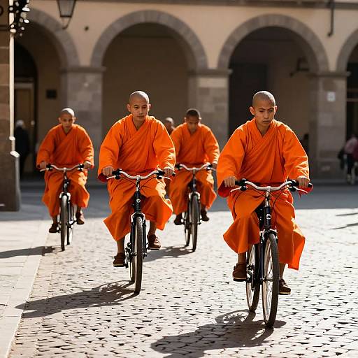 Photograph of four bald Buddhist monks in bright orange robes riding bicycles in a sunlit, cobblestone courtyard with arched building background.