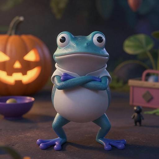 Glowing Blue Frog with Fiery Pumpkin