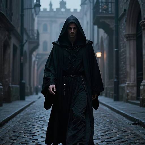 Mysterious cloaked figure in gothic alley