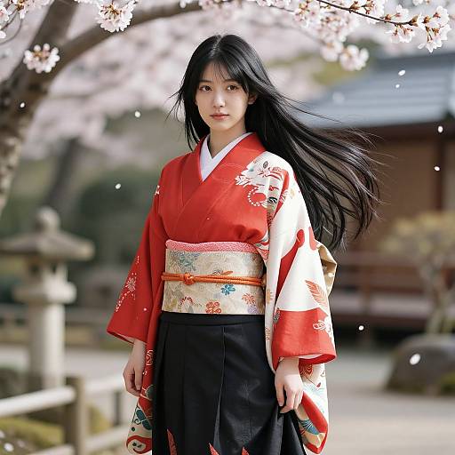 Photograph of an Asian woman with long black hair, wearing a red kimono with white floral patterns and a black skirt, standing under blooming cherry