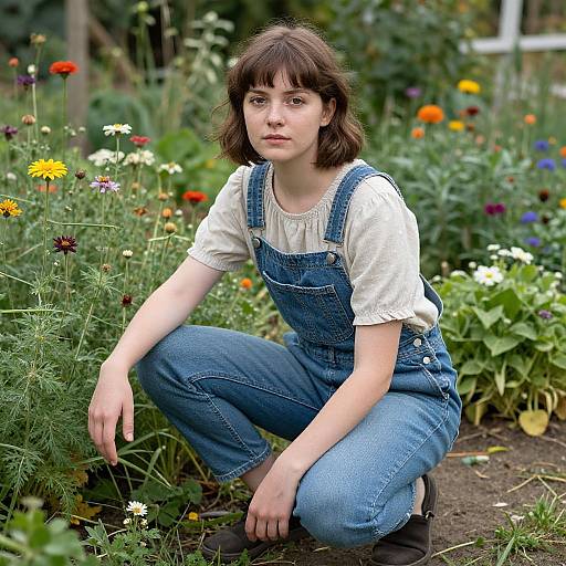 Photograph of a young white woman with short brown hair, wearing a white blouse and blue denim overalls, crouching in a colorful, blo