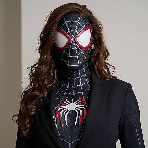 Photograph of person in black Spider-Man mask, red and white spider eyes, long wavy brown hair, black suit, white and red spider emblem