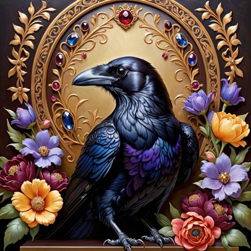 Regal Raven Among Blooming Flowers