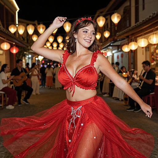 Photograph of a smiling woman with long brown hair, wearing a red lace bra and flowing red skirt, dancing in a festive, lantern-lit street