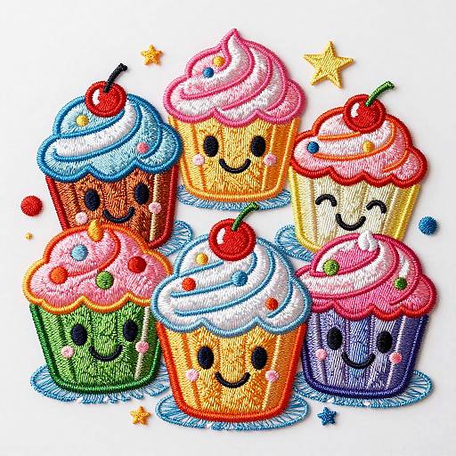 Colorful, textured digital drawing of six cartoon cupcakes with smiling faces, various toppings, and cherry decorations, surrounded by stars and dots.