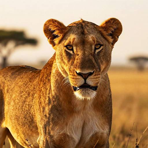 Photograph of a focused lioness with golden-brown fur, intense gaze, and sunlight highlighting her features, standing in a sunlit savanna.