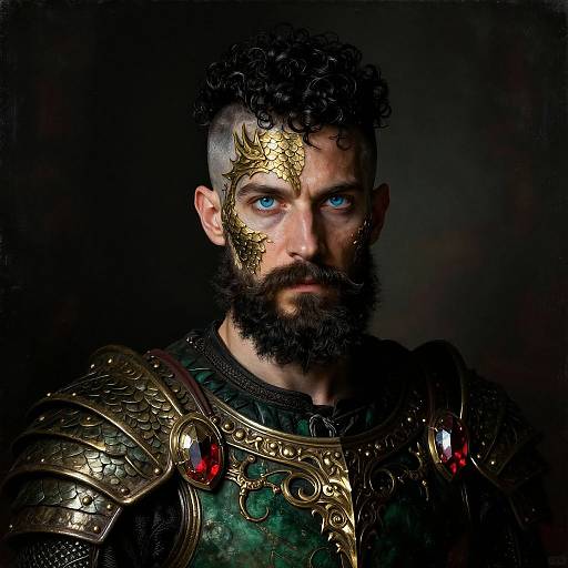 Photograph of a muscular, bearded man with blue eyes, curly black hair, and gold facial markings, wearing ornate medieval armor with red gem