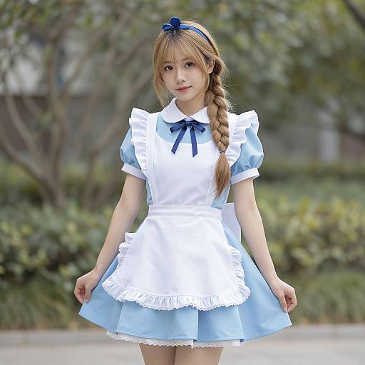 Photograph of an Asian woman with light brown hair in a braid, wearing a blue and white Alice in Wonderland-style maid dress, blue ribbon bow