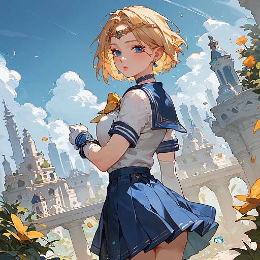 Digital anime-style drawing of a blonde, blue-eyed girl in a sailor uniform, standing on a sunny, flower-filled cityscape with tall, white buildings