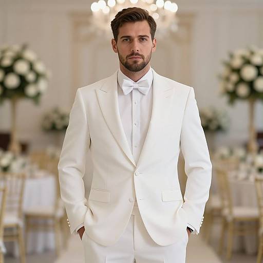 Photograph of a handsome, bearded man with dark hair in a white tuxedo and bow tie, standing confidently in an elegant, softly lit