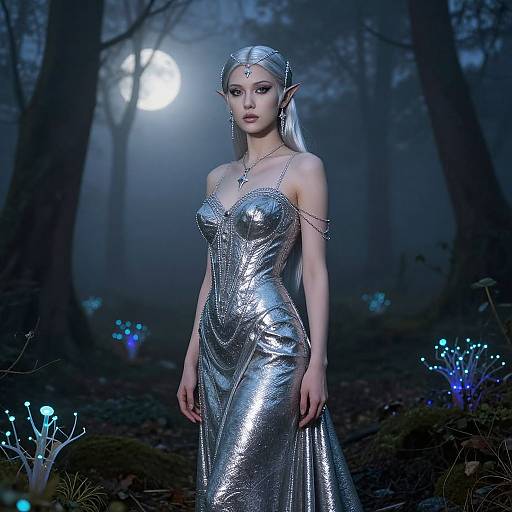 Digital artwork of an elf woman with silver dress, pointed ears, and long silver hair, standing in a moonlit, mystical forest.