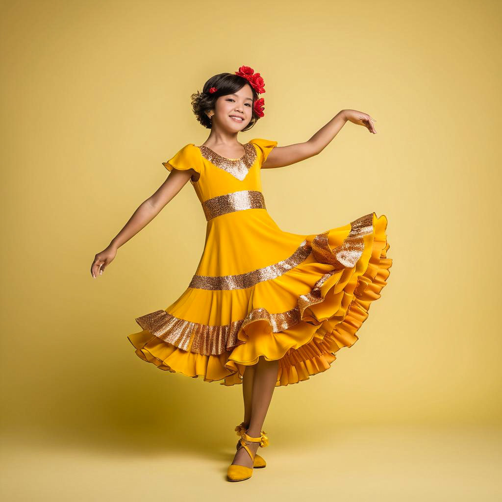 Excited Girl in Bright Flamenco Dress