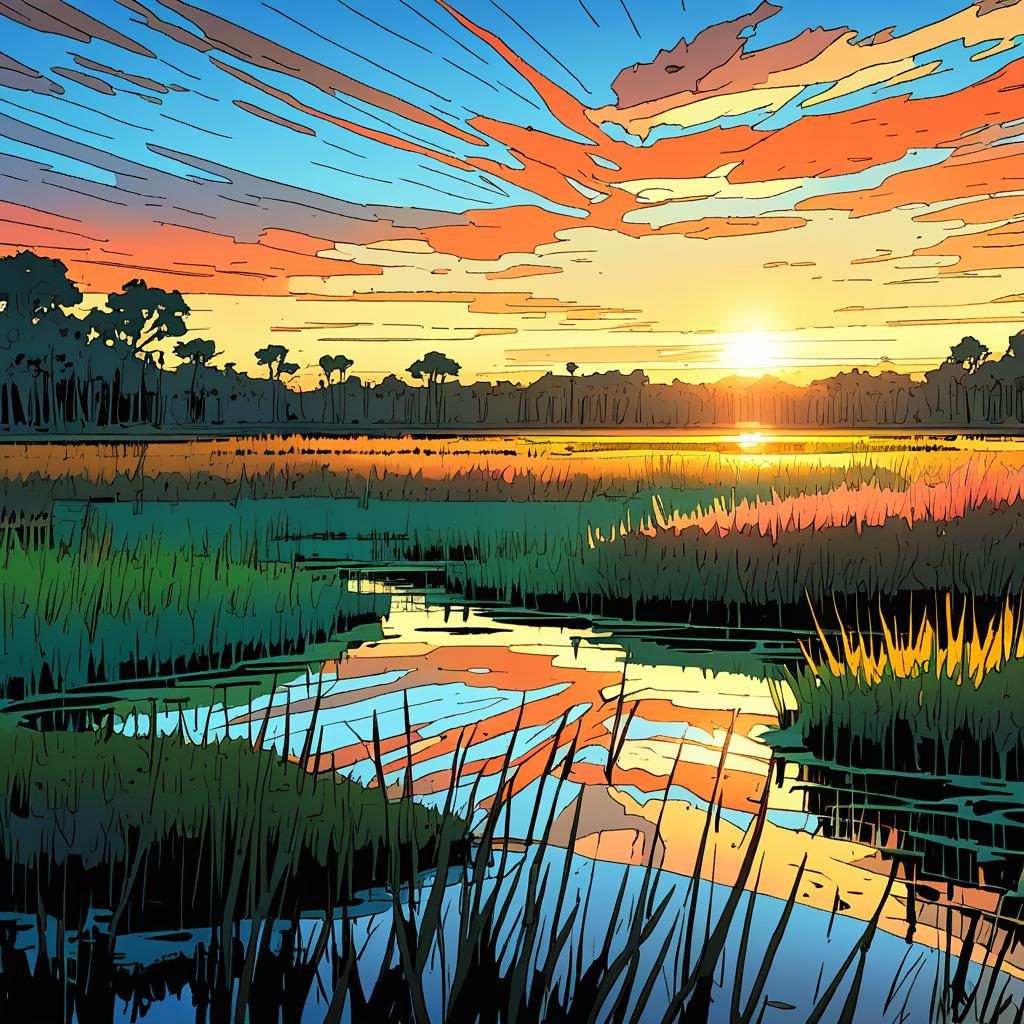 Vibrant Sunrise Over Marshy Wetlands