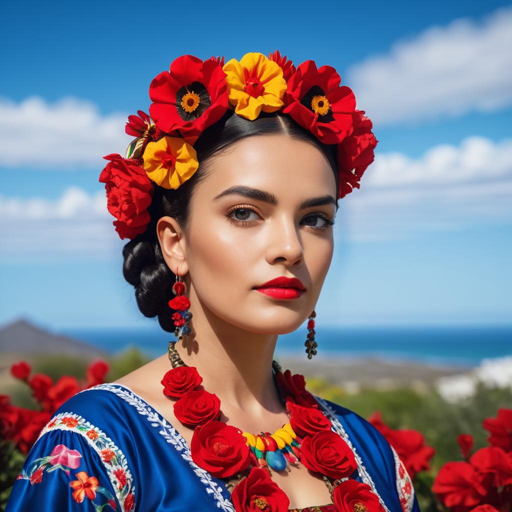 Frida Kahlo in Vibrant Floral Portrait