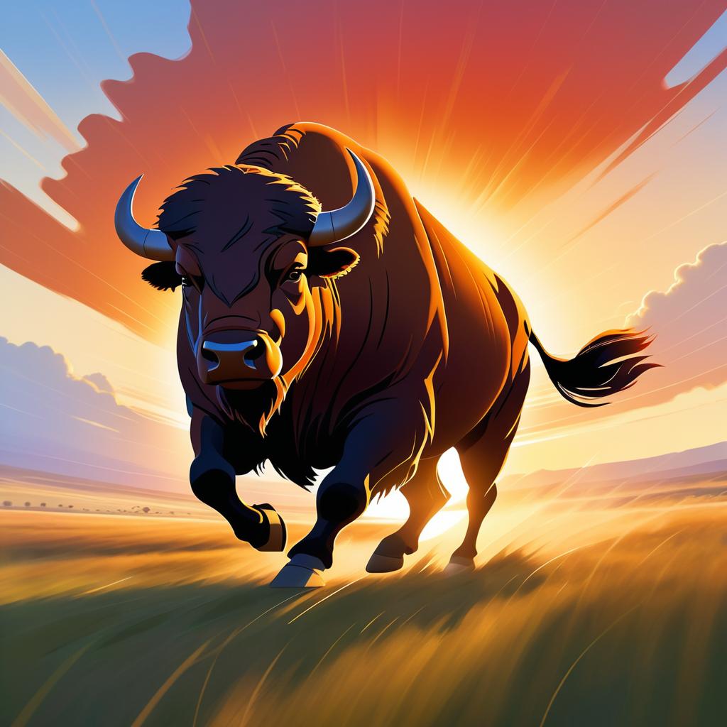 Fearless Bison Charging at Sunset