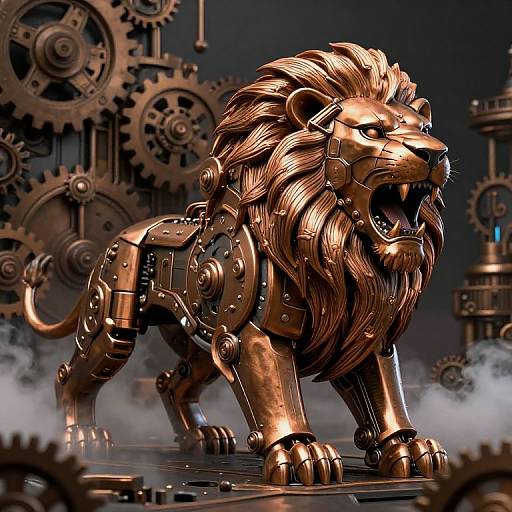 Digital artwork of a roaring, golden, mechanical lion with intricate gears and metal parts, standing amidst steaming fog and large industrial gears in the background.