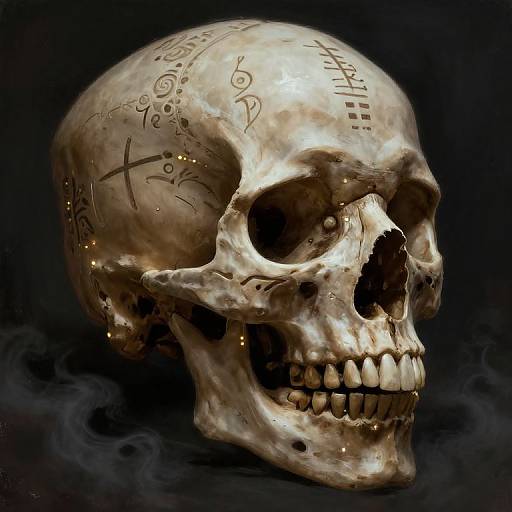 Photorealistic digital artwork of a weathered, tattooed human skull with mysterious symbols, glowing specks, and dark, smoky background.