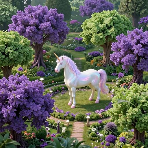 Photorealistic digital artwork of a white unicorn with a pink mane standing in a vibrant, enchanted garden with purple and green trees, colorful flowers, and