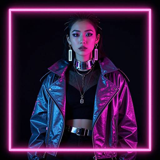 Photograph of an Asian woman with dark hair, wearing a black crop top, leather jacket, and metallic choker, illuminated by pink and blue neon