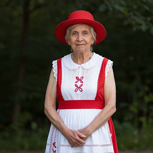 Photograph of an elderly white woman with gray hair, wearing a red hat, white dress with red embroidery, and red apron, standing in a