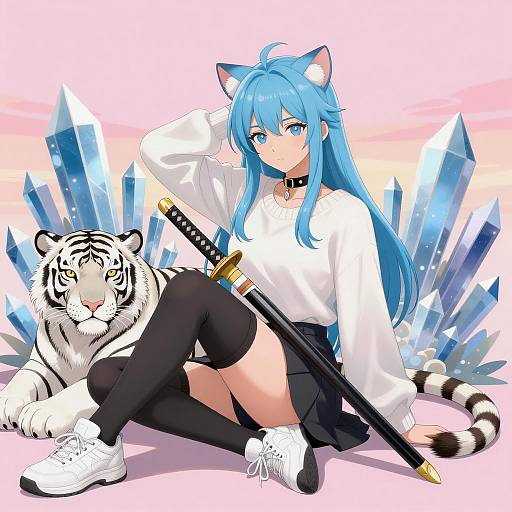 Anime Girl with Blue Hair and White Tiger