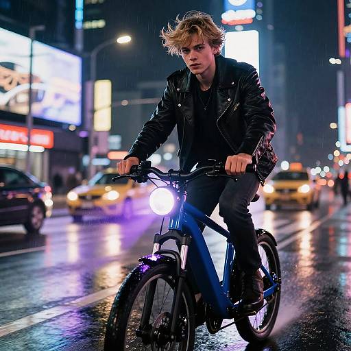 Cyberpunk Teen on Neon Street Bike
