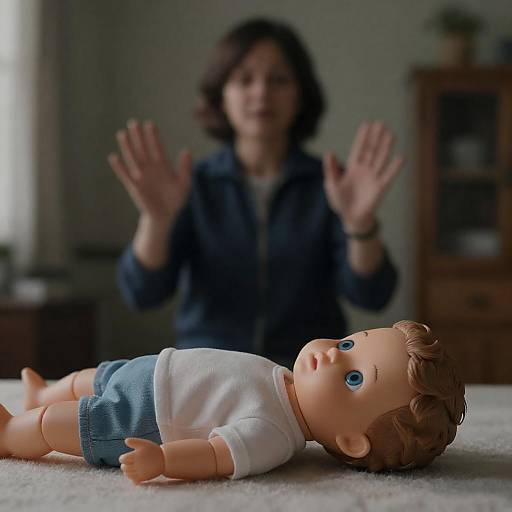 Nude Doll's Intense Gaze in Shadowy Room