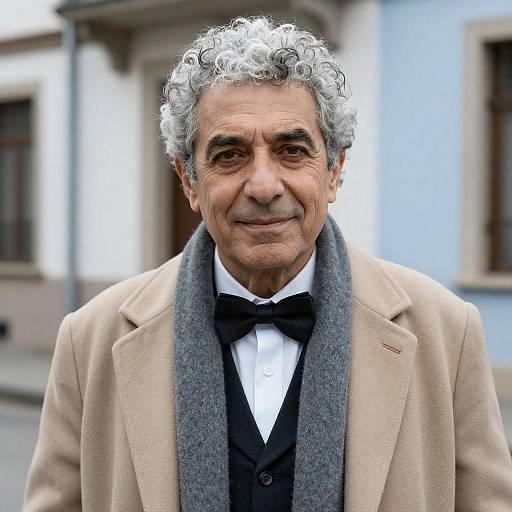 Elegant Older Man in Beige Coat and Bow Tie