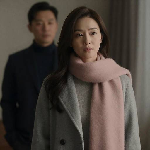 Woman in Gray Coat and Pink Scarf with Man in Background