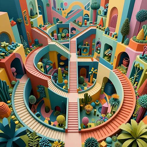 Vibrant, surreal digital illustration of a multicolored, spiral staircase-filled, geometric garden with cacti, flowers, and abstract buildings in