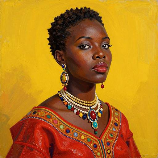 Photograph of an African woman with dark skin, short curly hair, wearing a vibrant red dress and colorful jewelry, against a yellow background.