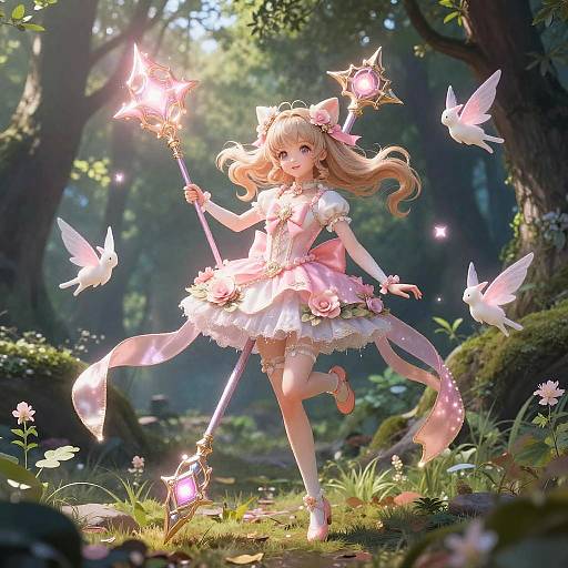 Digital anime-style artwork of a blonde, fair-skinned girl in a pink, floral dress, holding a glowing staff, surrounded by white birds in a